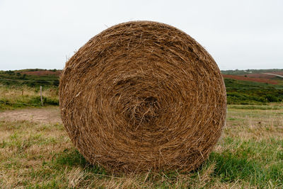 Hay bales on field against sky