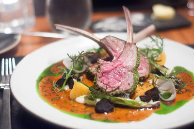 Close-up of food in plate on table