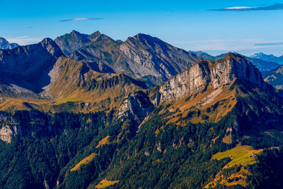 Panoramic view from fronalpstock of the swiss mountains on lake lucerne.