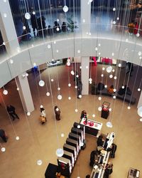 High angle view of people on escalator
