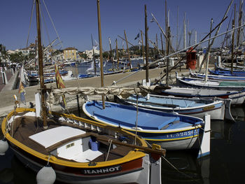 Sailboats moored in harbor