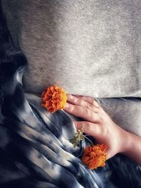 Close-up of hand holding orange flower