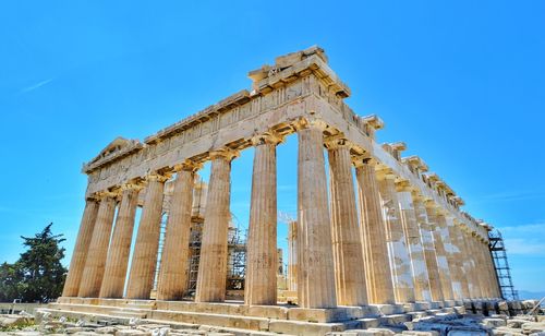 Low angle view of temple against blue sky