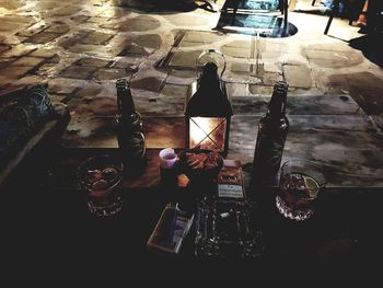 High angle view of wine bottles on table