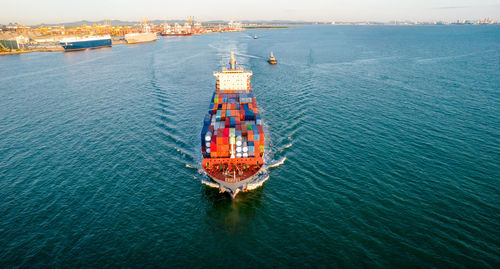 High angle view of ship in sea