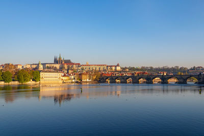 Bridge over river by buildings against blue sky