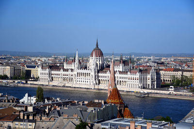 Panoramic view of buildings and river against sky in city