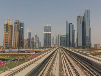 Railroad tracks in city against clear sky