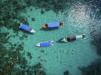 High angle view of boats in water