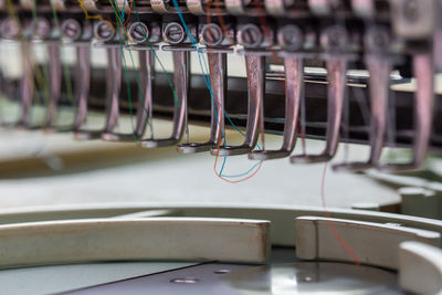 Close-up of colorful threads in sewing machine