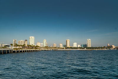 Sea by buildings against clear blue sky