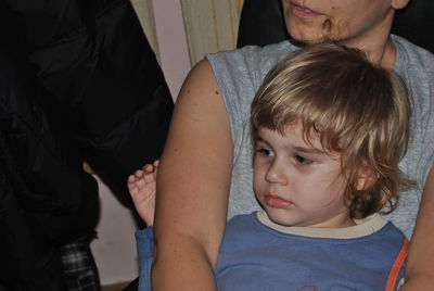 Rear view of mother and son