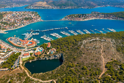 High angle view of city by sea