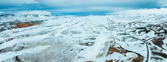 Aerial video of an empty lava fields and huge volcanic mountain in iceland