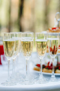 Close-up of wine glasses on table