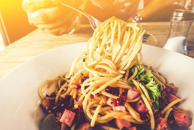 Close-up of noodles served in plate