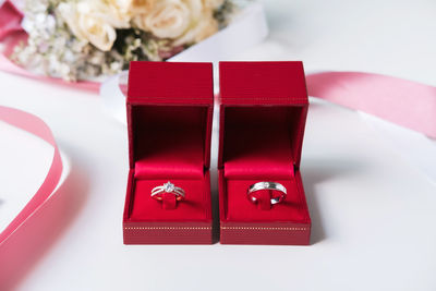 Close-up of red box on table