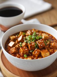 High angle view of food in bowl on table