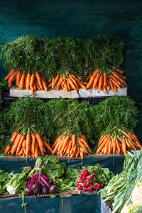 High angle view of vegetables for sale in market