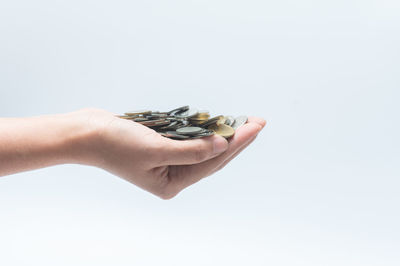 Close-up of hand holding butterfly over white background