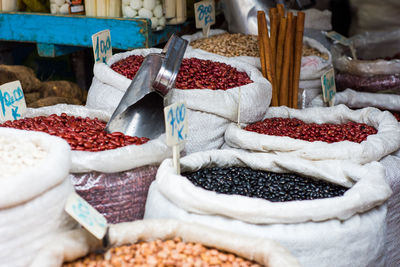 Close-up of beans for sale at market stall