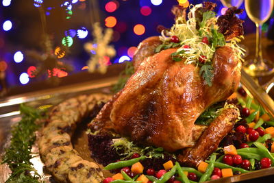 High angle view of food served on table