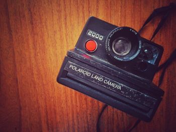 High angle view of camera on table