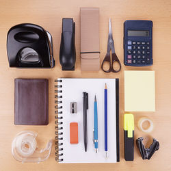 Close-up of objects on wooden table