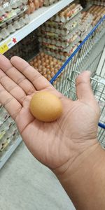 Cropped hand of person holding egg in supermarket