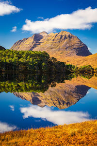 Scenic view of lake and mountains against sky