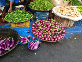 High angle view of fresh vegetables at street market for sale