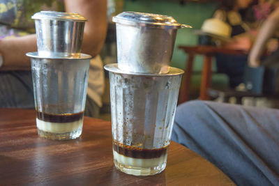 Close-up of beer in glass on table