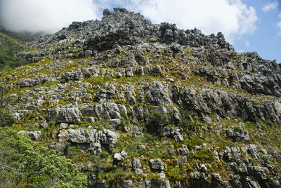 Low angle view of rocks on mountain against sky