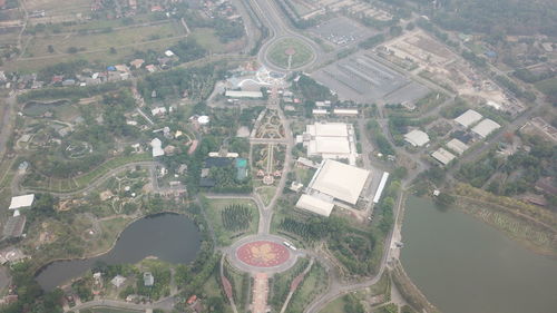 High angle view of street amidst buildings in city