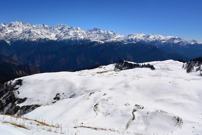 Scenic view of snow covered mountains against sky
