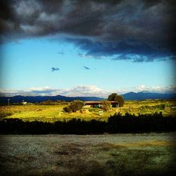 Scenic view of field against cloudy sky