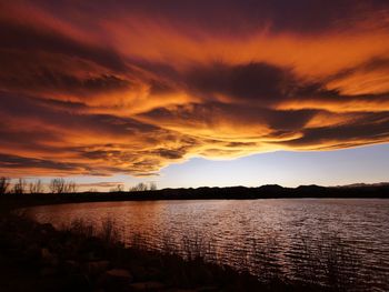 Scenic view of lake against sky during sunset