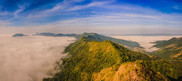 Scenic view of majestic mountains amidst cloudscape