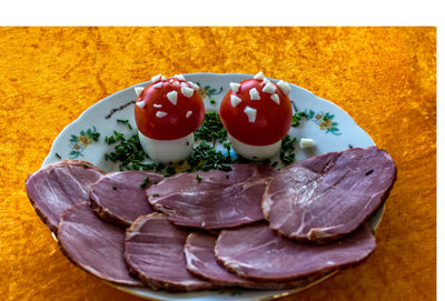 Close-up of dessert served on table