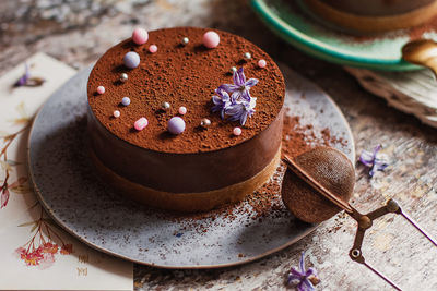 Close-up of chocolate cake on table