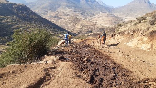 Rear view of people walking on mountain