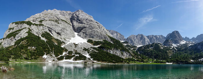 Panoramic view of lake and mountains against sky