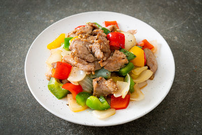 High angle view of food in plate on table