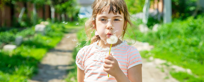 Cute girl blowing dandelion seed