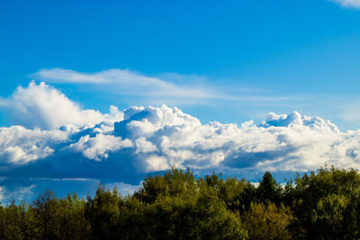 Beautiful landscape with fluffy white clouds on a blue sky. cloudscape over a green forest. 