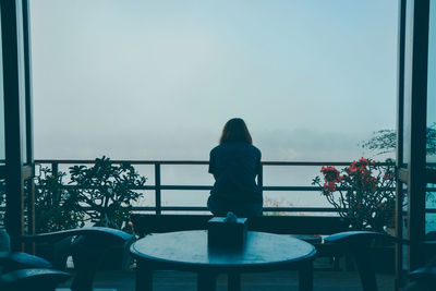 Rear view of woman looking through window