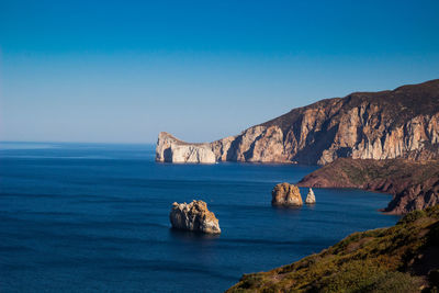 Scenic view of rocks in sea against clear blue sky