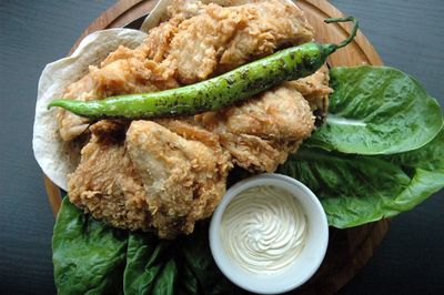 High angle view of fried chicken in plate