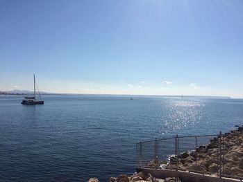 Scenic view of sea against blue sky