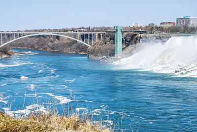 View of bridge over river against clear sky